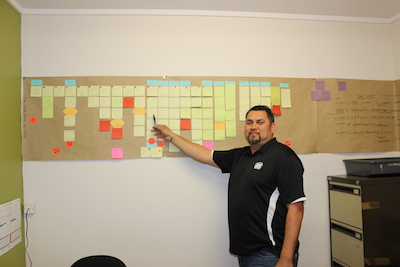 Shaq Gardiner, Hawke�s Bay Protein production manager has the initial mapping process up in his office to remind the team of what was identified and how far they have come in addressing the issues that were impeding productivity.